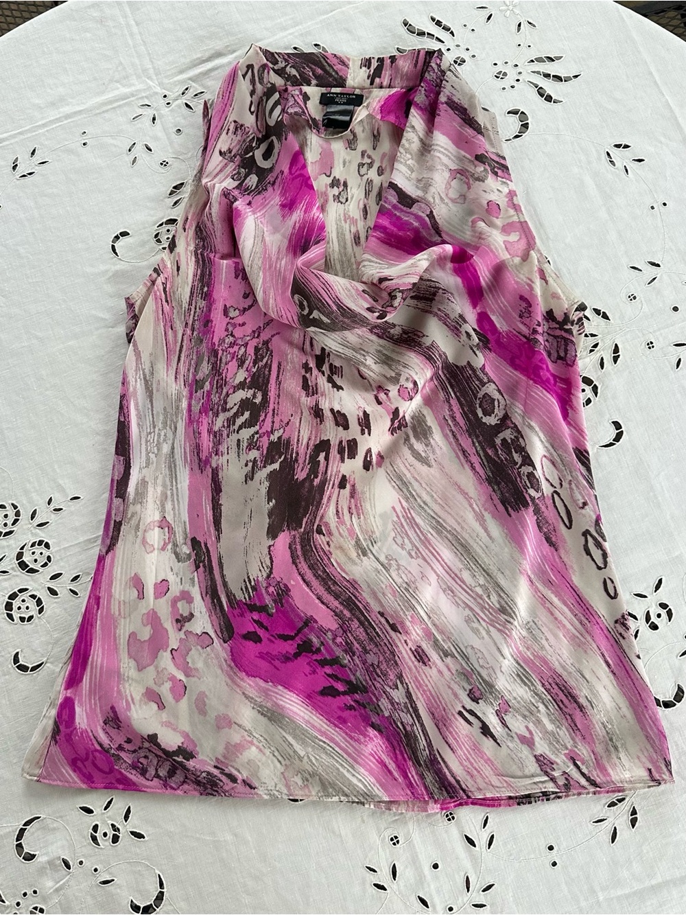 Ann Taylor Petite Pink and Black Abstract Print Top